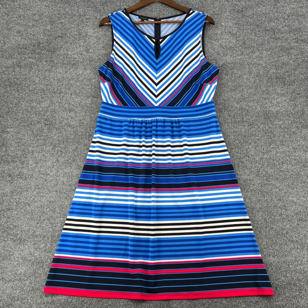 Talbots Fit Flare Dress Womens Large Blue Striped Sleeveless Keyhole Nautical